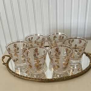Libbey MCM Vintage Gold Leaf Frosted 6 Ounce Old Fashion Set of 6 Glasses